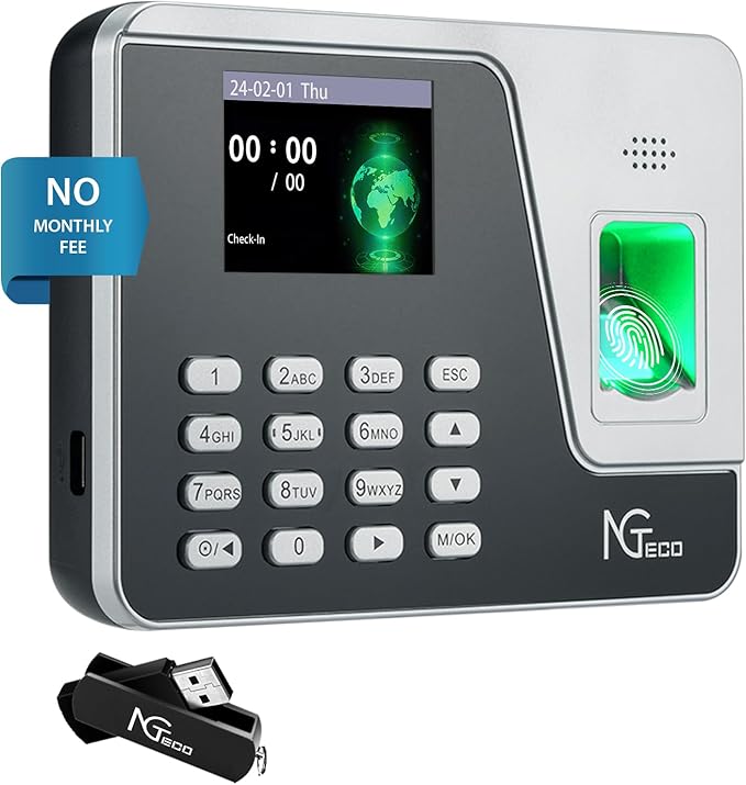 NGTeco Standalone Time Clock, Fingerprint & PIN Time Clocks for Employees Small Business Without WiFi & Software, Clock in and Out Machine for Employees, No Monthly Fee