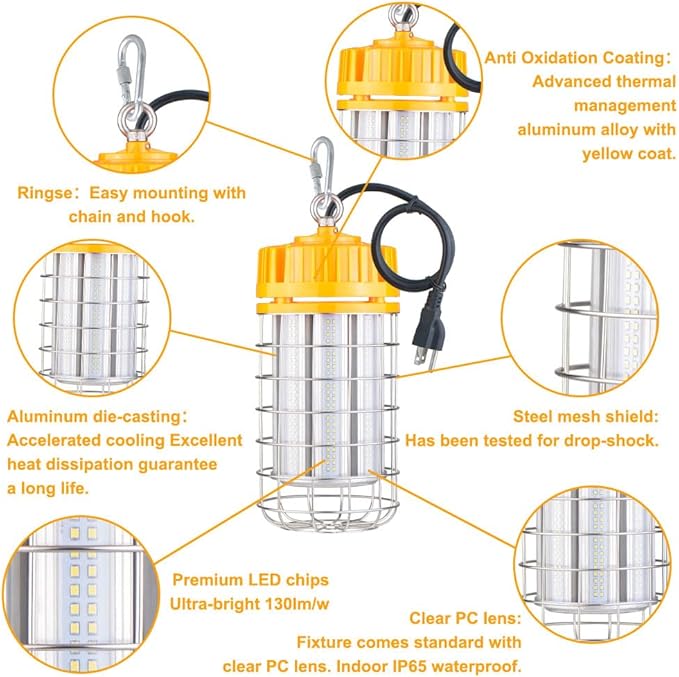 150W LED Temporary Work Light, 19500LM 5000K Daylight Hanging Construction Lights, 100-277VAC, IP67 Waterproof Portable Linkable Job Site Lighting with Hook for Workshop Area Lighting