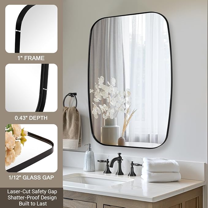 ANDY STAR 22x30 Black Bathroom Mirror, Oblong Vanity Mirror with Stainless Steel Metal Frame, Matte Black Oval Mirror for Over Sink, Modern Anti Rust Wall Mounted