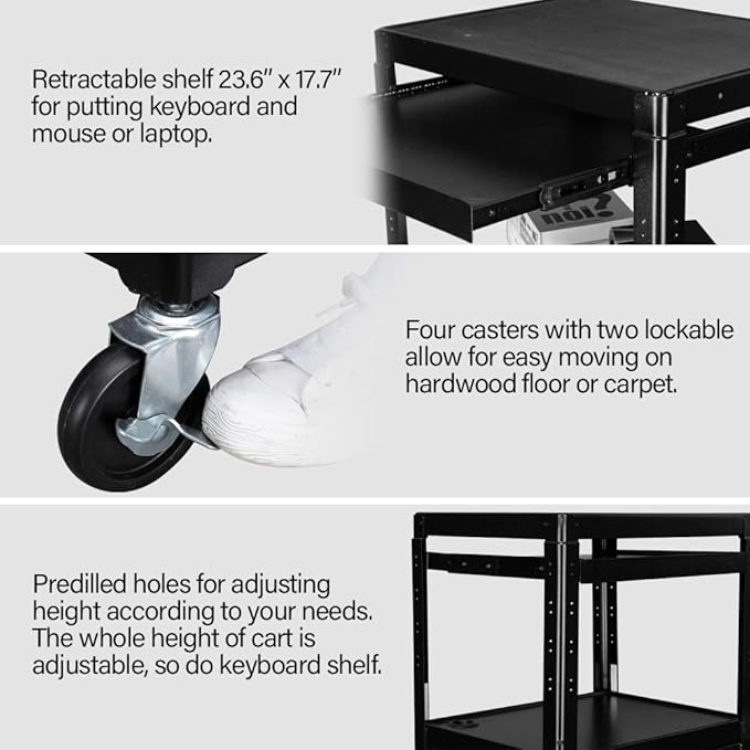 TUFFIOM AV Presentation Cart for Video Projector, Laptop Computer, Mobile Workstation Utility Media Cart for School Classroom Office, Rolling Storage Stand with Locking Cabinet Keyboard Shelf