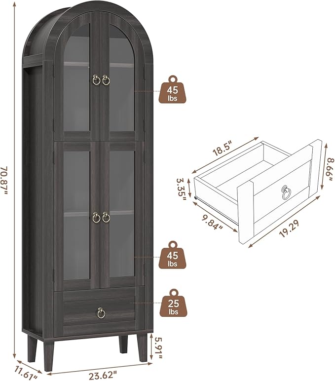 71” Tall Arched Pantry Cabinet with Glass Door, Display Cabinet Organizer with Drawer, Versatile Pantry with Top-Opening Storage Container for Living, Kitchen Dining Room