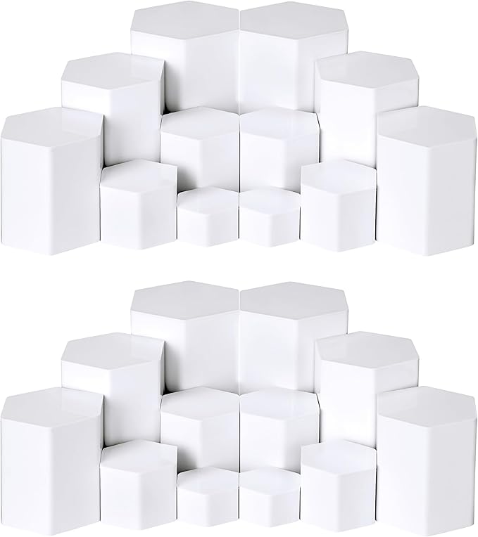 Jetec Hexagonal Jewelry Display Risers Hexagonal Market Display Risers Stands Acrylic Showcase Acrylic Stand for Jewelry Model Figures Decoration, 6 Sizes(White,24 Pieces)