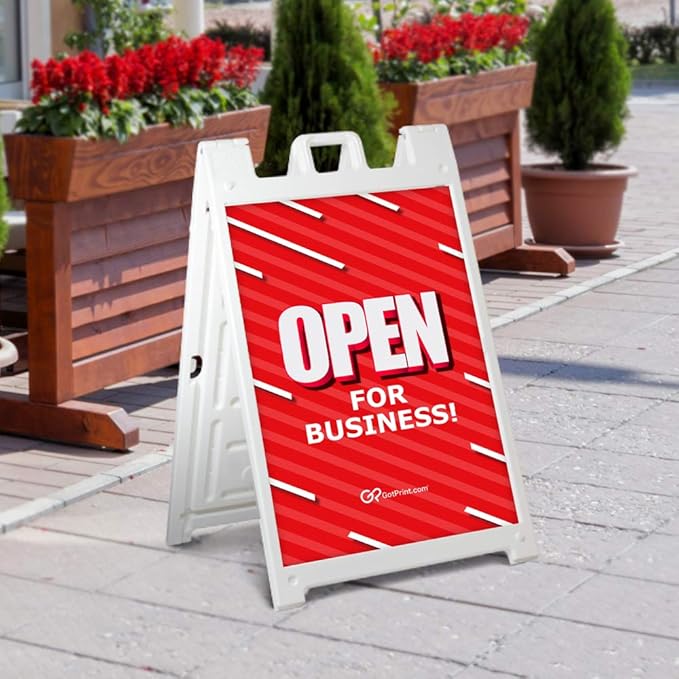 GotPrint A Frame Sign | Open for Business Signs 24" x 36" Inch | Comes with Pre-Designed Folding Sidewalk Sign with Stand Standard White Sandwich Board
