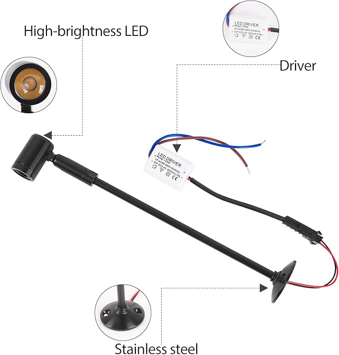 2 Pack Mini LED Spotlight, 3W Aluminum Spot Light Jewelry Showcases Display Lighting Adjustable Angle AC 110V Hard Wired Standing Up Cabinet Spotlight Accent Lights (Black Warm Light 3000K)