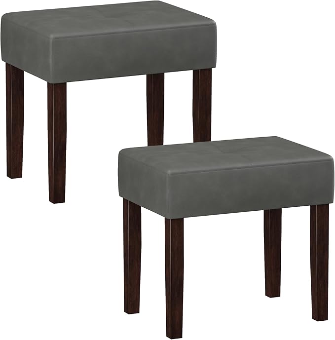 Two Leather Vanity Stool, 18.7 Inch Wide Rectangle Ottoman Bench for Makeup Room, A Set Vanity Chair with Wood Legs for Piano Room, Bedroom,Living Room with Customizable (Gray)