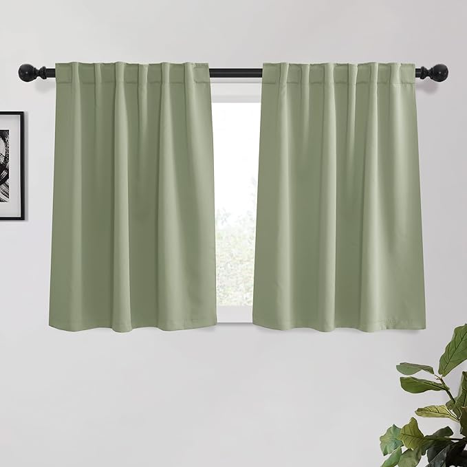 KGORGE Short Blackout Curtains for Small Window, Privacy Thermal Insulated Bathroom Curtains Noise Reducing Drapes for Bedroom Kitchen Cafe Living Room, W34 x L45 inches, Sage Green, 2 Panels