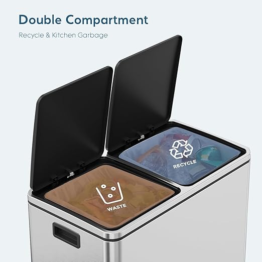 Arlopu Dual Trash Can, 2 x 8 Gallon (2 x 30 L) Hands-Free Trash and Recycle Bin Combo, Stainless Steel Kitchen Garbage Can with Soft-Close Lid, Removable Inner Buckets, Step Pedal, Airtight (Silver)