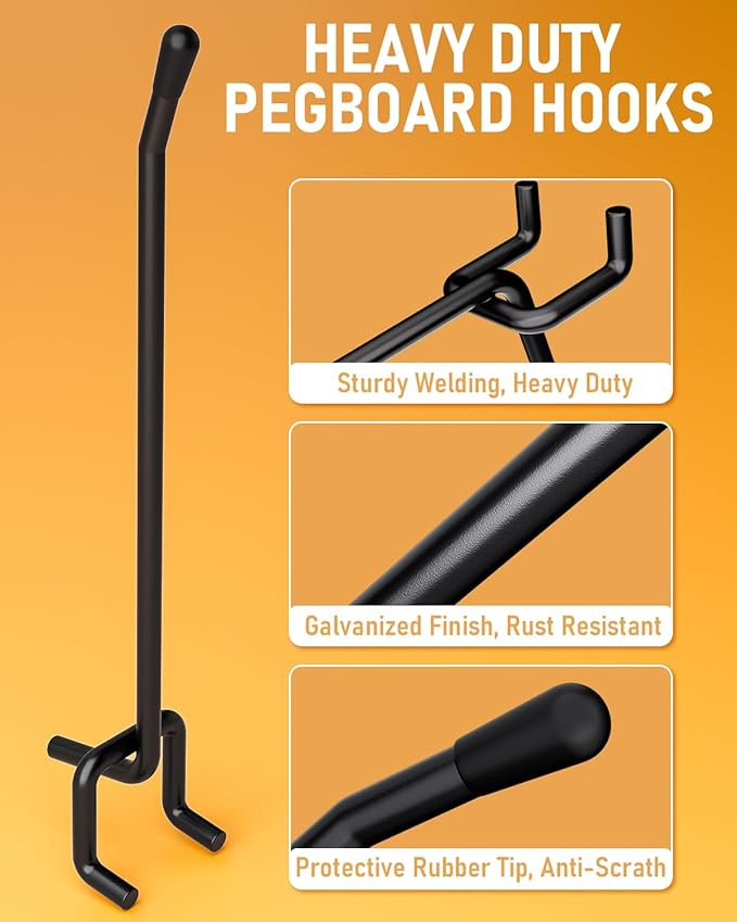 INCLY 60 Pack 6 Inch Black Pegboard Hooks, 1/4" Heavy Duty Peg Board Shelving Hooks Accessories, Peg Board Tool Hangers Only Fit 1/4" Pegboard Hanging Tools Garage, Craft Organizing, Kitchen, Store