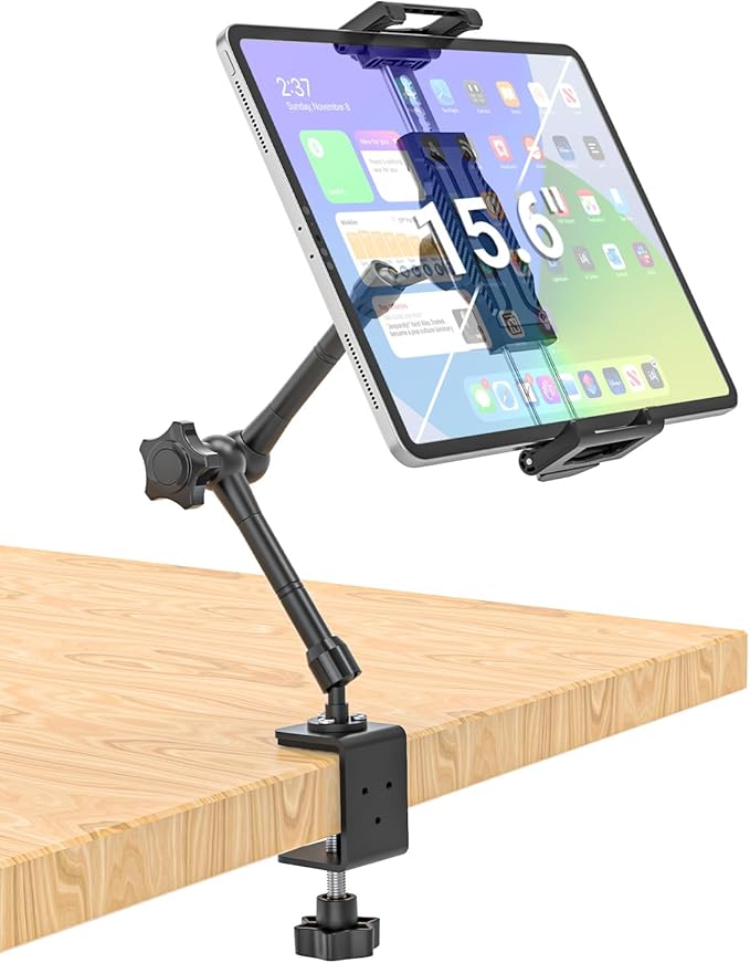 Metal Kitchen Tablet Stand, Fit for 6.1-15.6" Devices, Magic Long Arm Mount for Cabinet, Desk, Table, with 360° Foldable Rotation Aluminum Holder, Compatible with iPad Pro/Air/Mini, Galaxy Tab