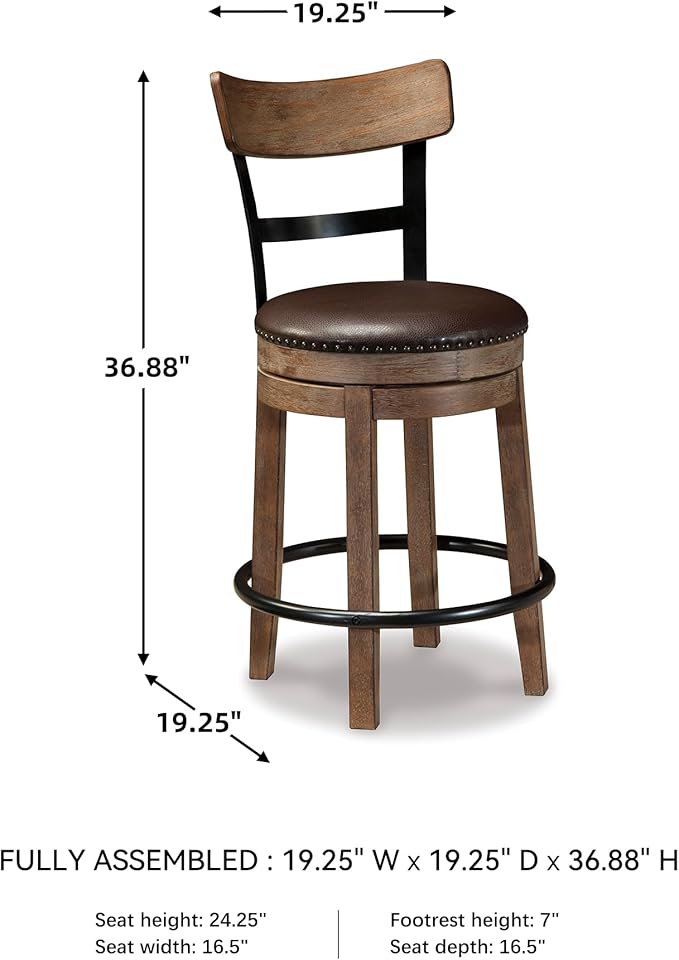 Signature Design by Ashley Pinnadel |24.25" Counter-Height Swivel Bar Stool – Modern Farmhouse, Faux Leather, 360° Swivel, Nailhead Trim, Rustic Light Brown