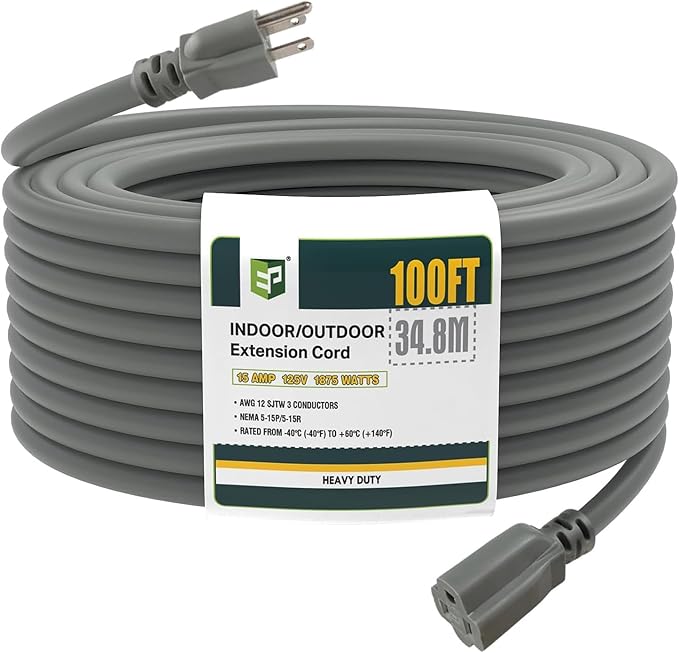EP 100 Ft Outdoor Extension Cord, 12/3 SJTW Heavy Duty Extension Cable with 3 Prong Grounded Plug, 15 AMP Power Cord for Lawn, Garden, Appliances, Gray