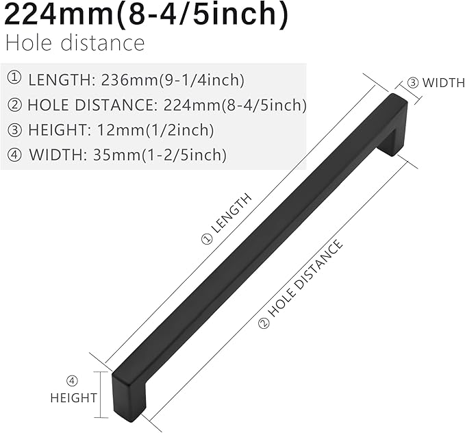 Cabinet Pulls Matte Black Cabinet Handles Square Drawer Pulls, 2 Pack 8-4/5 Inch Stainless Steel Kitchen Door Cupboard Cabinet Handles, Drawer Hardware Handles, 224mm Hole Centers