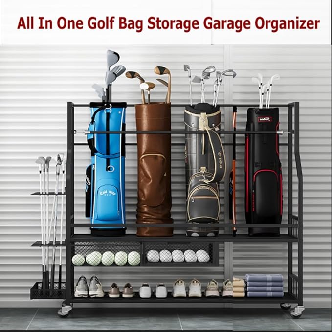 PeakPursuit Golf Bag Organizer and Storage Rack Stand Holder Fits Golf Club Bags and Multiple Golfing Equipment Accessories, Storage Rack with Drawers and Wheels for Indoor/Outdoor Garage, Clubs
