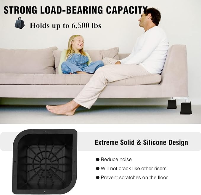 Bed Risers 4 inch Heavy Duty, Oversized Furniture Riser with Non-Slip Base for Sofa Couch Chair Desk Table Leg Dorm Bed Frame Lifts Risers Blocks Supports Up to 6,500 Lbs (Black 4 Pack)
