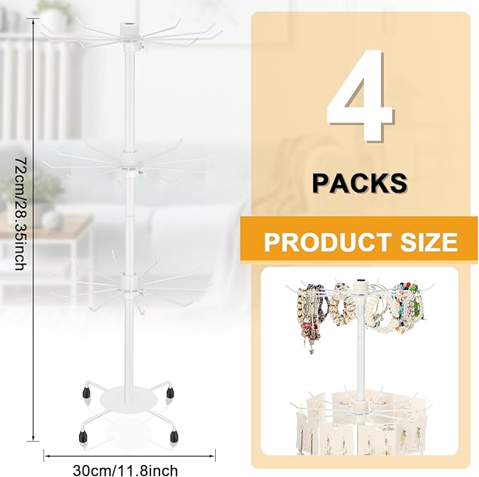 4 Pcs Spinning Jewelry Display Stand 3 Tier Rotating Keychain Earring Retail Rack Adjustable Fashion Counter Jewelry Tree Display Holder Organizer for Women Men (White)