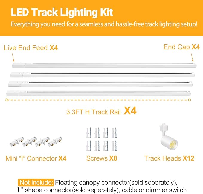VANoopee 12-Light LED Track Lighting Kit with 13FT H Type Track Lighting Rail, Dimmable LED Track Light Heads Modern Kitchen Track Lighting Fixtures Ceiling Spot Light 3000K 24° CRI90+ 10W 800lm White