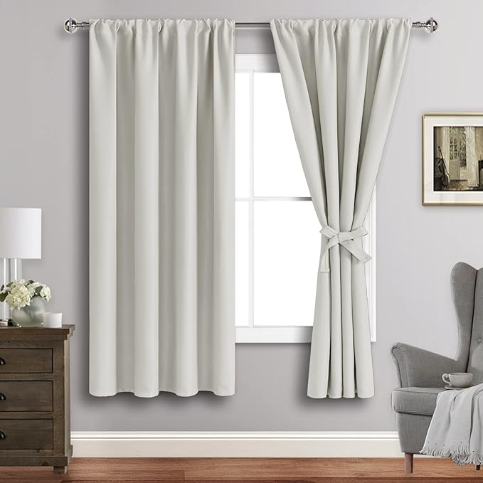 JIUZHEN Blackout Curtains for Bedroom– Thermal Insulated,Noise Reducing Room Darkening Rod Pocket Curtains for Living Room, Set of 2 Panels with Tiebacks, 42 x 63 inch Long, Ivory