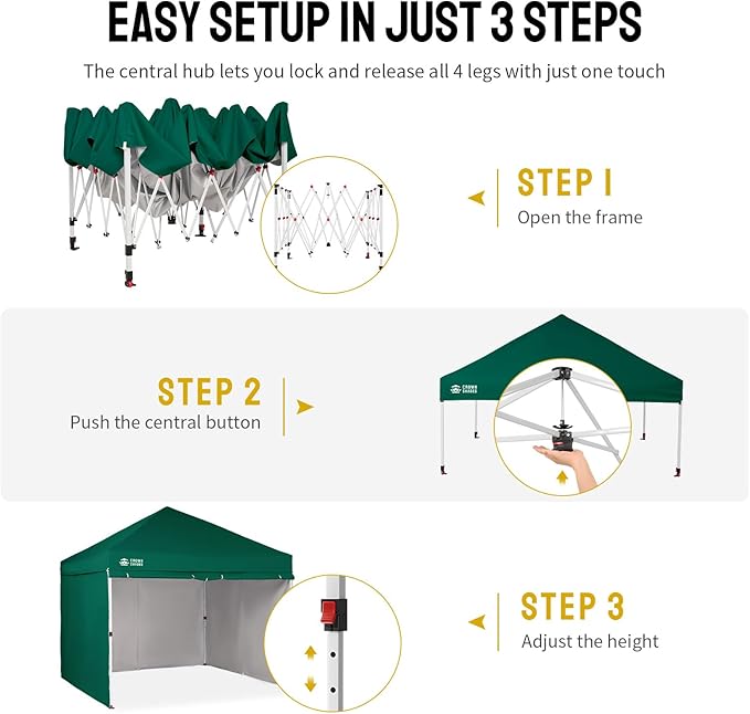 CROWN SHADES 10X10 Comercial Instant Canopy Pop Up Tent with Center Lock, 300D Fabric, 4 Sidewalls, Sto'N Go Bag, Forest Green