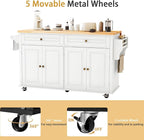 67’’ Movable Kitchen Island with Drop Leaf and Power Outlet, Lockable Sliding Countertop Rolling Island Cart with 2 Large Drawers, Spice, Towel Rack,White