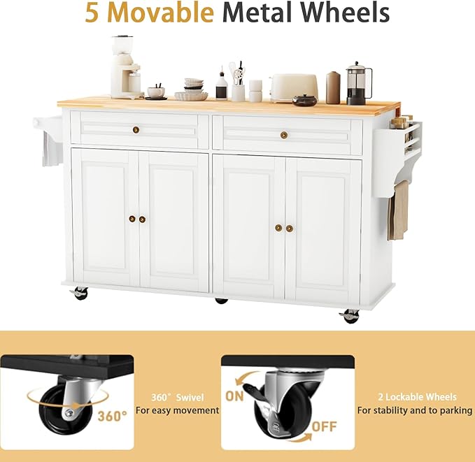 67’’ Movable Kitchen Island with Drop Leaf and Power Outlet, Lockable Sliding Countertop Rolling Island Cart with 2 Large Drawers, Spice, Towel Rack,White