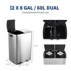 GarveeHome Commercial Dual Trash Can, 16 Gallon Stainless Steel Double Compartment Recycling Bin with Soft-Close Lids, Pedals & Plastic Inner Buckets, 60L Garbage Can for Kitchen, Home, Office, Silver