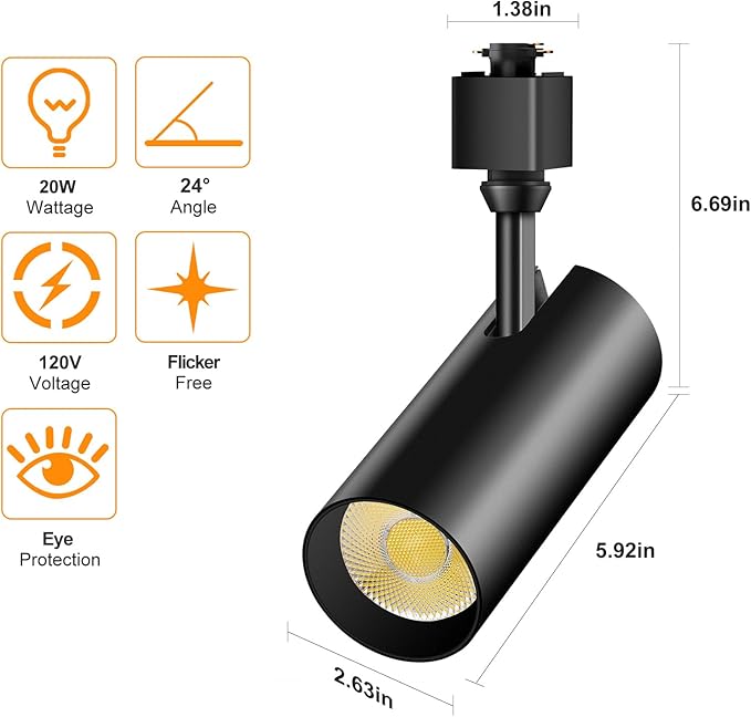 6 Pack 20W Track Lighting Heads,LED Dimmable H Type Track Lighting fixtures,3-Color Selectable 3000K-4500K-6000K Track Lights Ceiling Spotlight for Accent Retail Lighting,CRI90+ 2000lm Black