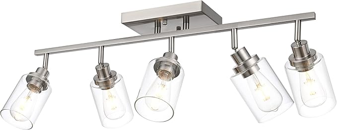 5 Light Track Lighting Kit Brushed Nickel Kitchen Track Lighting Fixtures Ceiling Mount Bathroom Vanity Wall Scones Light Fixture with Clear Glass, Rotatable Spotlight for Kitchen Shop Hallway