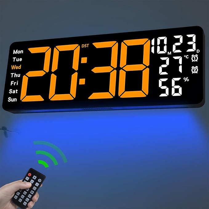 JoFomp 17.3" Large Digital Wall Clock, LED Digital Clock Large Display with Remote Control, Alarm Clock with Temp/DST/Dimmer/Humidity/Timer/Ambient Light - 12/24H, Alarm Wall Clock for Bedroom