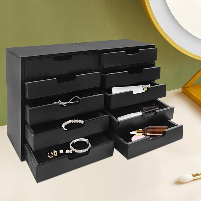 4-piece Drawer Cabinet, Organizer Sorter Container Keeper Unit Storage Box Stackable Chest Divider Shelf System with 10 Drawers & 4 Stackable Units for Home Office Study Room Dorm Bedroom(Black)
