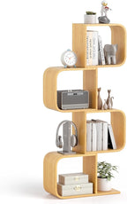 Giantex S-Shaped Bookcase, 4-Tier Bamboo Bookshelf with 4 Open Cubes, Geometric Corner Display Shelf, Decorative Storage Organizer, Floor Storage Rack for Living Room, Home Office, Natural