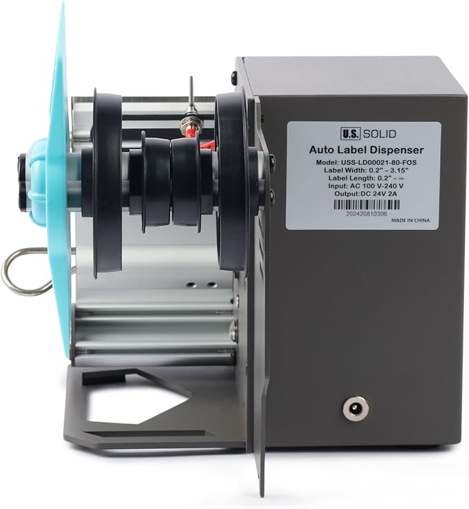 U.S. Solid Automatic Label Dispenser for Long Label Rolls and Fanfold Label - Clear and Opaque Labels - Core Sizes 1”/1.5”/3”- Adjustable Speed Label Width 0.2-4.7 in Max. Roll Diameter 11 in