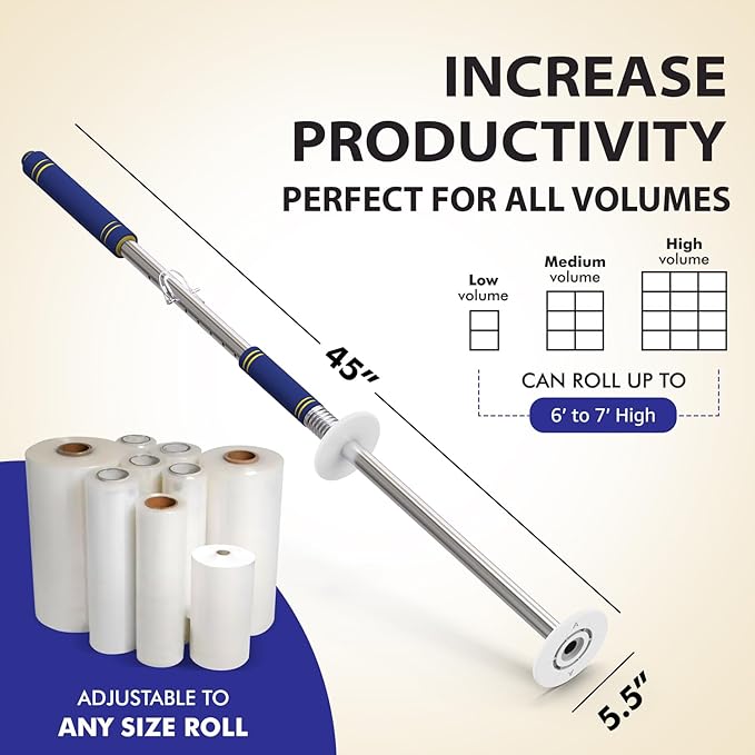 Heavy Duty Stretch Film Dispenser Pole Holder - Extra Long High Reaching Industrial Handle for Stretch Wrapping - Fits Rolls 2" to 3" Diamater Cores & Lengths from 12" to 24" - Pallet Wrap