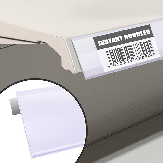 Pro Painter Shelf Label Strips, 100 Pack, 1.5'H, Clear Plastic Front/White Back, Fits 48' Long Shelf, Easy to Install, Protects Labels, Barcode Readable