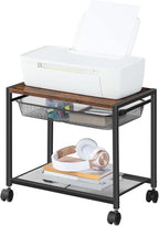 HOOBRO Under Desk Printer Stand, Industrial Printer Cart with Storage Shelf, 2-Tier Mobile Printer Table on Wheels, Heavy Duty Machine Storage Rack for Office and Home Rustic Brown + Black BF12PS01