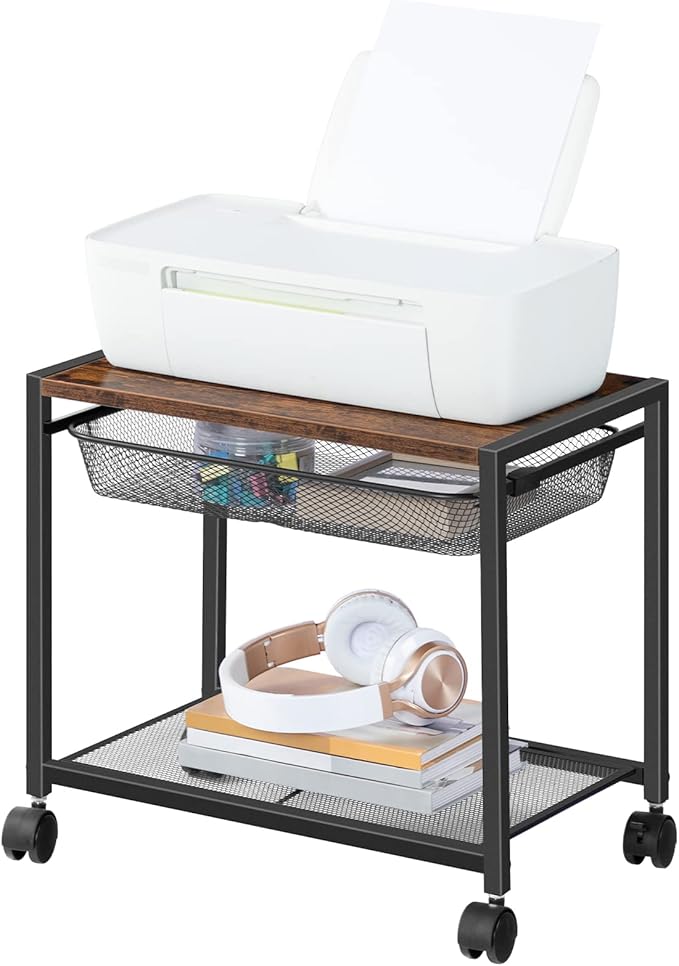 HOOBRO Under Desk Printer Stand, Industrial Printer Cart with Storage Shelf, 2-Tier Mobile Printer Table on Wheels, Heavy Duty Machine Storage Rack for Office and Home Rustic Brown + Black BF12PS01