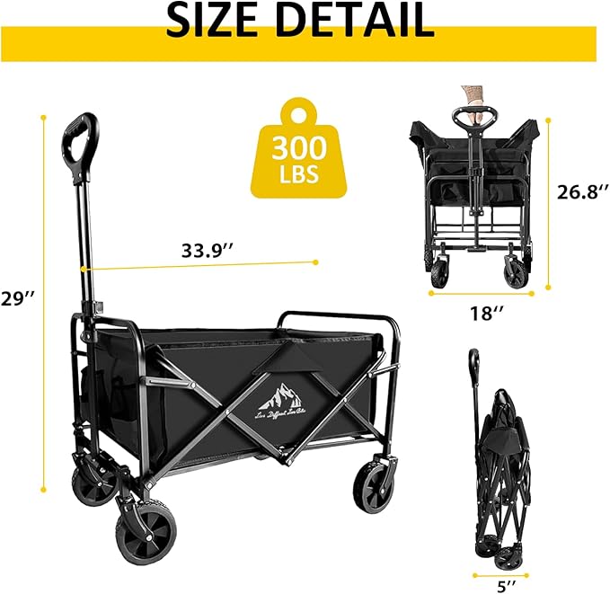 Collapsible Utility Cart Folding Wagon, 220 lbs Capacity Lightweight Rolling Cart with Quiet Wheels, Quick-Fold Design for Camping, Shopping, Ourdoor Use,Black 2PCS