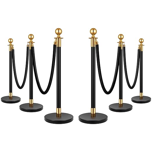 VIVOHOME Iron Stanchion Post Queue 6PCS Pole w/ 4 Red Velvet Ropes, Crowd Control Barriers w/Fillable Base for High-end Venues, Museums, Party Supplies (6 Pieces, Black and Golden)