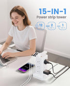 15-in-1 Power Strip Tower with Surge Protector 1800J, Fast Charging Tower PD20W USB-C Ports with 12 AC Outlets, 15ft Extension Cord for Home Office Dorm Room, White
