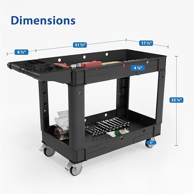 Commercial Grade 2 Shelf Utility Cart with Wheels - Rolling Tool Trolley, Heavy Duty Service Push Cart for Business Warehouse Office Restaurants Ecommerce Garage