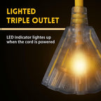 EP 50 Ft Lighted Outdoor Extension Cord with 3 Electrical Power Outlets - 14/3 SJTW Heavy Duty Yellow Extension Cable with 3 Prong Grounded Plug - Power Cord for Lawn, Garden, Appliances