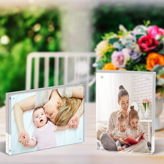 ILYXY 2 Pack Acrylic Frame 8x10, 20% Thicker, 24mm Thick Frameless Clear Picture Frame, Double Sided Magnetic Photo Frame, Free Standing Desktop Display Stand Acrylic Picture Frames