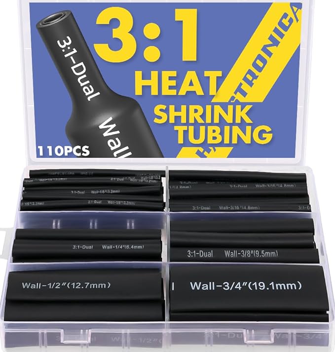 haisstronica 32 Feet 110PCS 3:1 Heat Shrink Tubing with Rich Hot Melt Adhesive-Versatile and Reliable 6Sizes Marine Grade Heat Shrink Tube(Black)