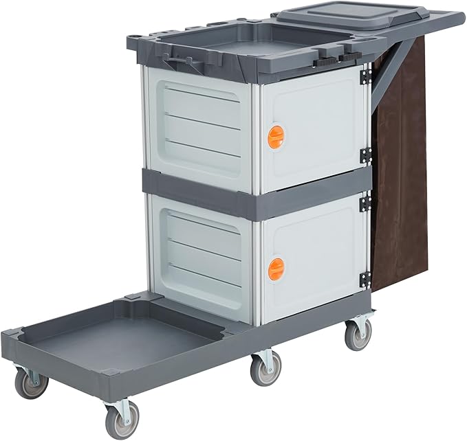Heavy-Duty Commercial Janitorial Cleaning Cart with 2 Cabinets, 3 Shelves, Vinyl Bag, and Wheels for Housekeeping in Hotels, Schools, and Apartments