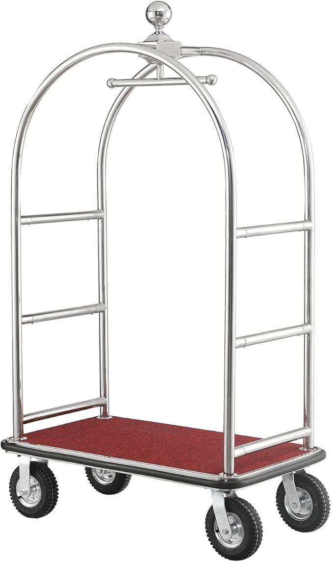 Global Industrial Silver Stainless Steel Bellman Cart Curved Uprights 8" Pneumatic Casters, 41-1/4"L x 24" W x 75" H, Hotel Luggage Cart for Commercial Use, Condos, Resorts