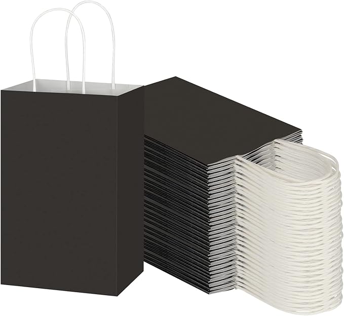 Toovip 100 Pack 5.25x3.25x8.25 Inch Small Black Kraft Paper Bags with Handles Bulk, Gift Wrap Bags for Favor Grocery Retail Party Birthday Shopping Business Goody Craft Merchandise Take Out Cub Sacks