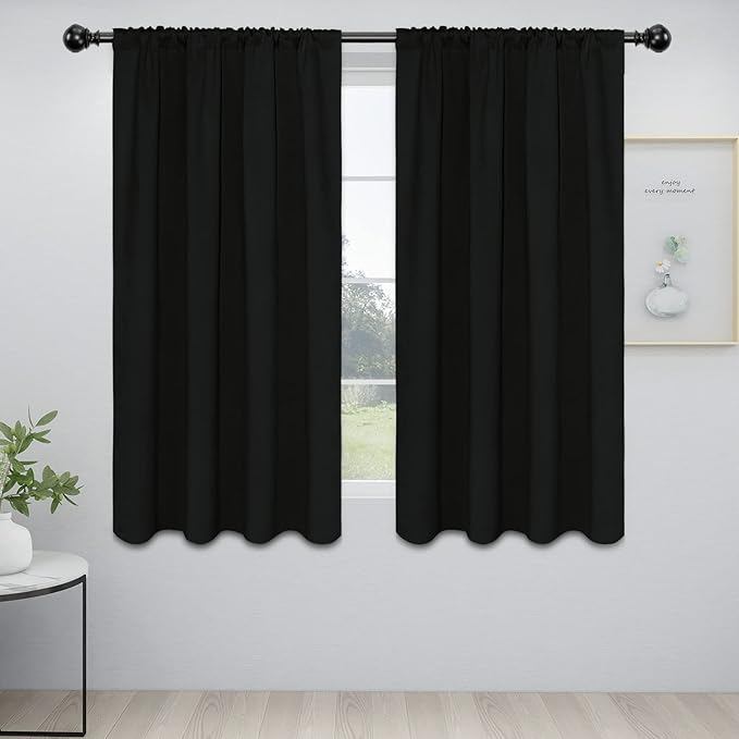 Easy-Going Rod Pocket Blackout Curtains for Bedroom, Room Darkening Window Curtains for Living Room, Thermal Insulated Noise Reduction Solid Window Drapes, 2 Panels(42x63 in, Black)