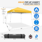 EAGLE PEAK 10x10 Slant Leg Pop-up Canopy Tent Easy One Person Setup Instant Outdoor Beach Canopy Folding Portable Sports Shelter 10x10 Base 8x8 Top (Yellow)