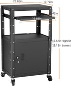 Mobile AV Cart with Cabinet, Rolling Computer Cart Height Adjustable Rolling Media Utility Cart with Extra Storage Space, 4 Outlets, Pullout Keyboard Tray Perfect for Home or Office Use