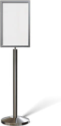 Crowd Control Warehouse Pedestal Standing Floor Sign Frame with Sloped Base, 14x22 Inch Vertical, Satin Stainless Steel