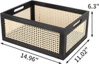 Wooden Frame Storage Basket, Decorative Organizer Crates Box with Built-in Handle,Natural Wire Wood Nesting Drawer Storage for Kitchen, Bathroom and Office Desktop-(15" Lx11 Wx6.3 H-Black)